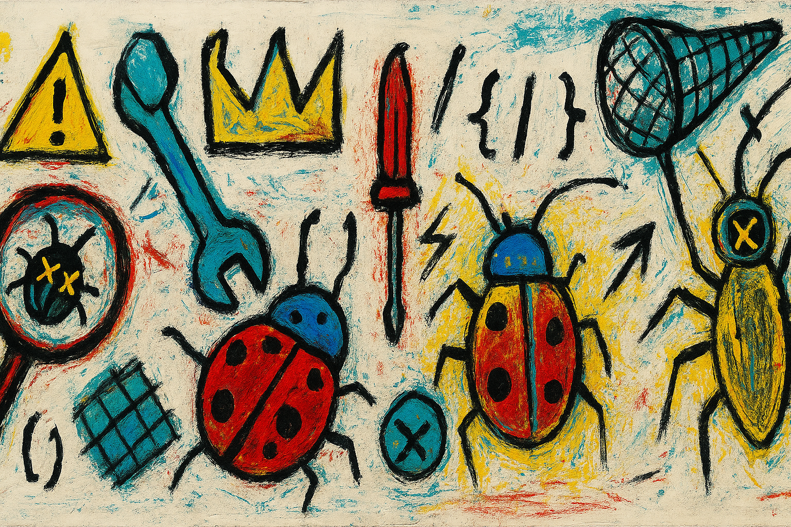 Hand-drawn illustration of debugging icons, tools, and bugs